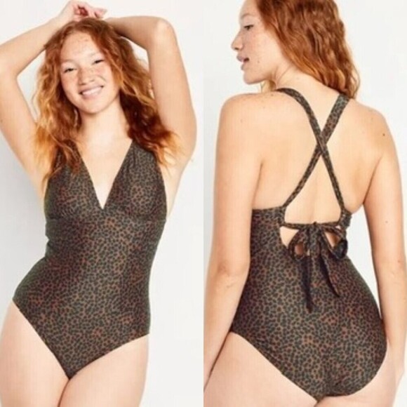 Old Navy Other - Old Navy Tie-Back One-Piece Swimsuit Brown Animal Print Size XS